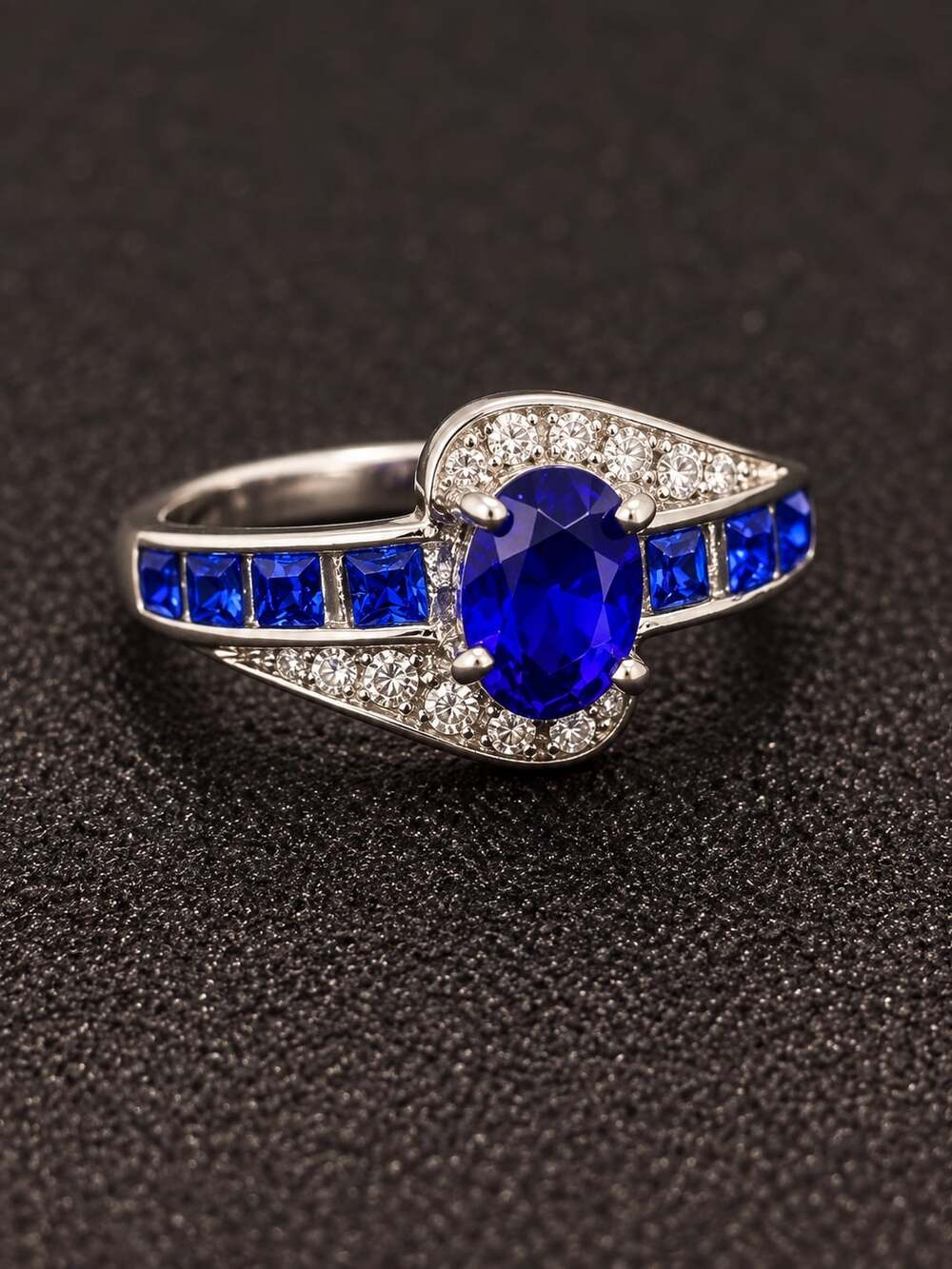 Silver Tone Blue Crystal Ring